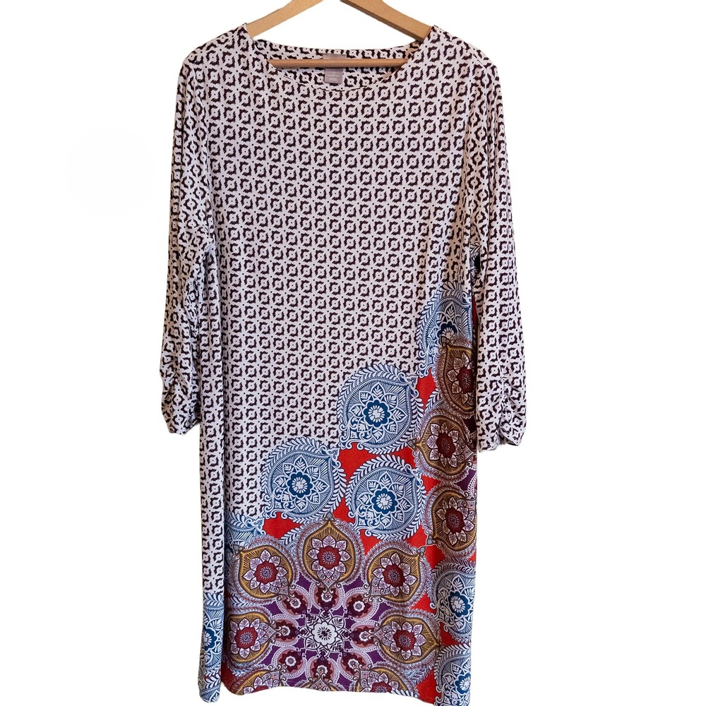 Chicos Shift Dress Midi Abstract Medallion Geometric Knit Lined Womens 2 Large